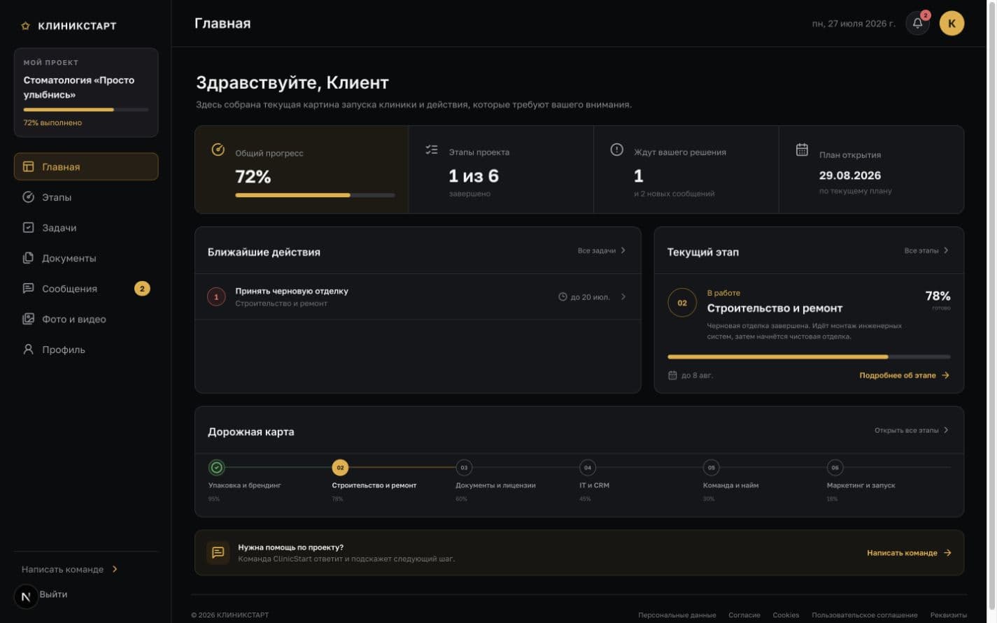 Актуальная главная страница проекта в личном кабинете ClinicStart